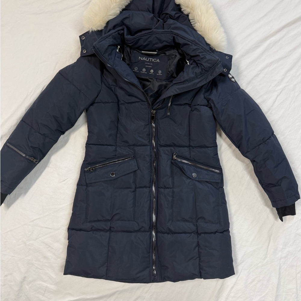 Nautica Women's Dark Blue Puffer Water Resistant Jacket with Faux Fur Trim R13